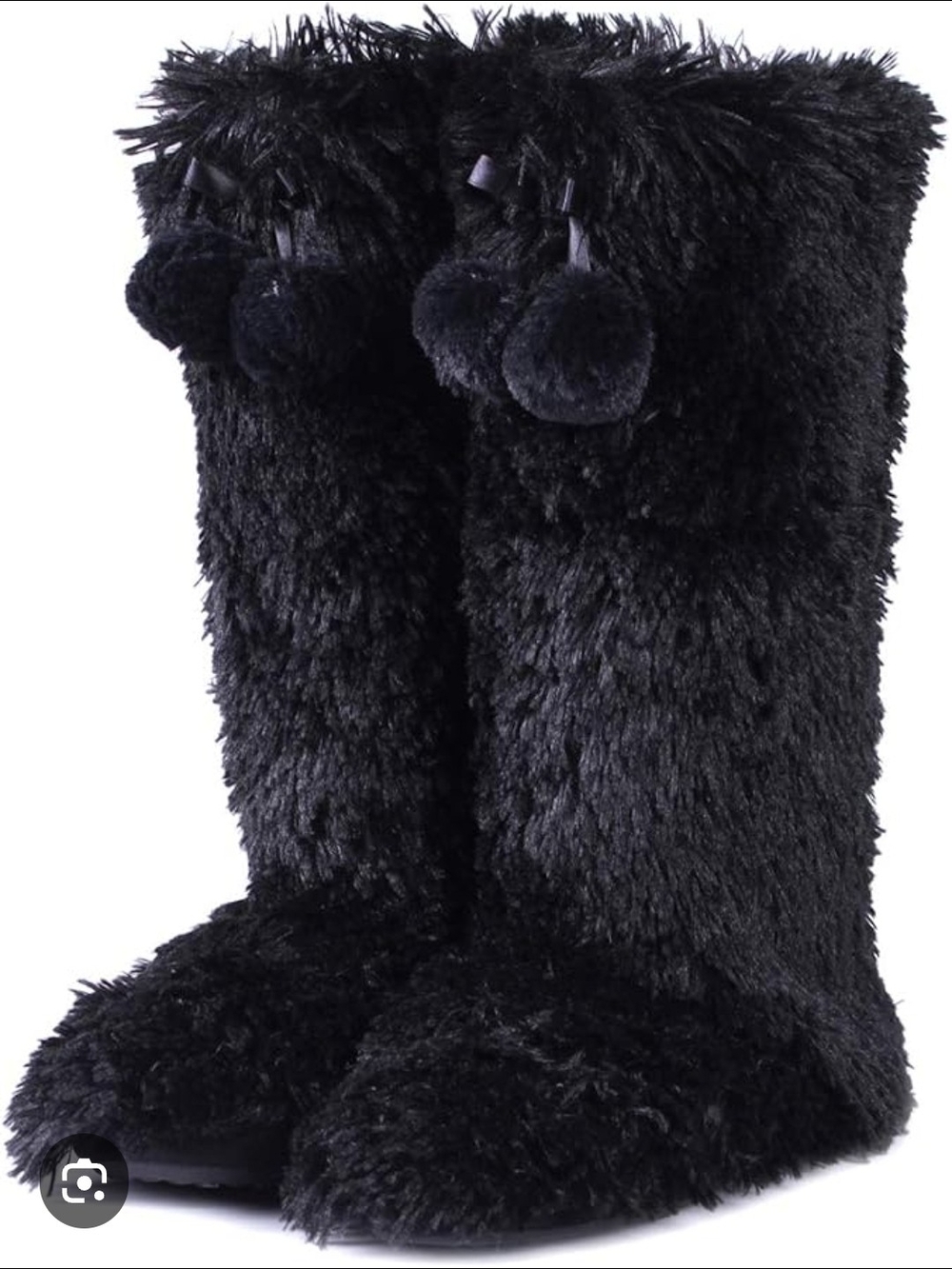 Fuzzy Pom Pom Knee-High Slipper Boots - Black